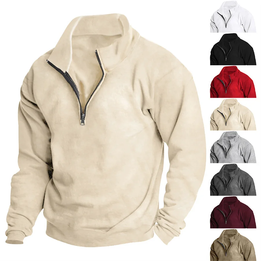 High Collar Half Zipper Men's Sweatshirt Autumn Winter Solid Men Tops Casual Pullover Long Sleeve Fleece Hoodie Streetwear