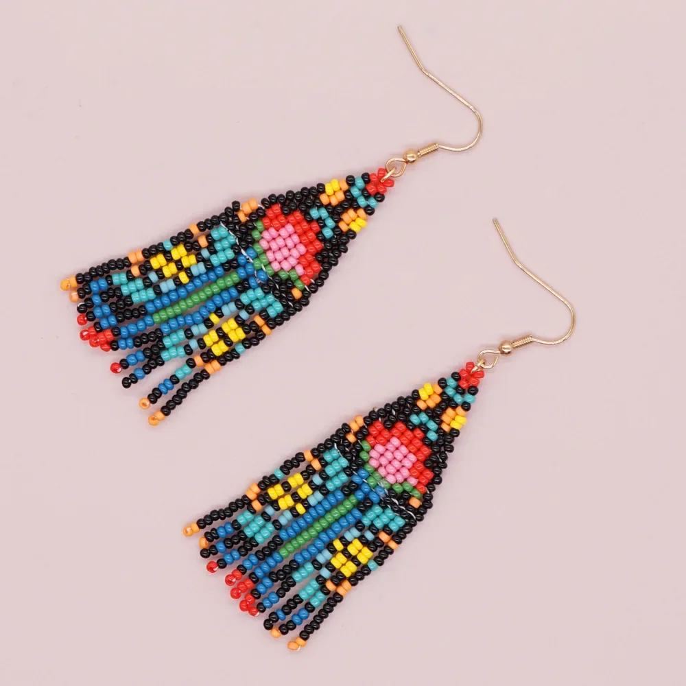 

Ins Bohemian style Su earrings hand beaded Vintage flower pattern Miyuki rice bead ear hook female