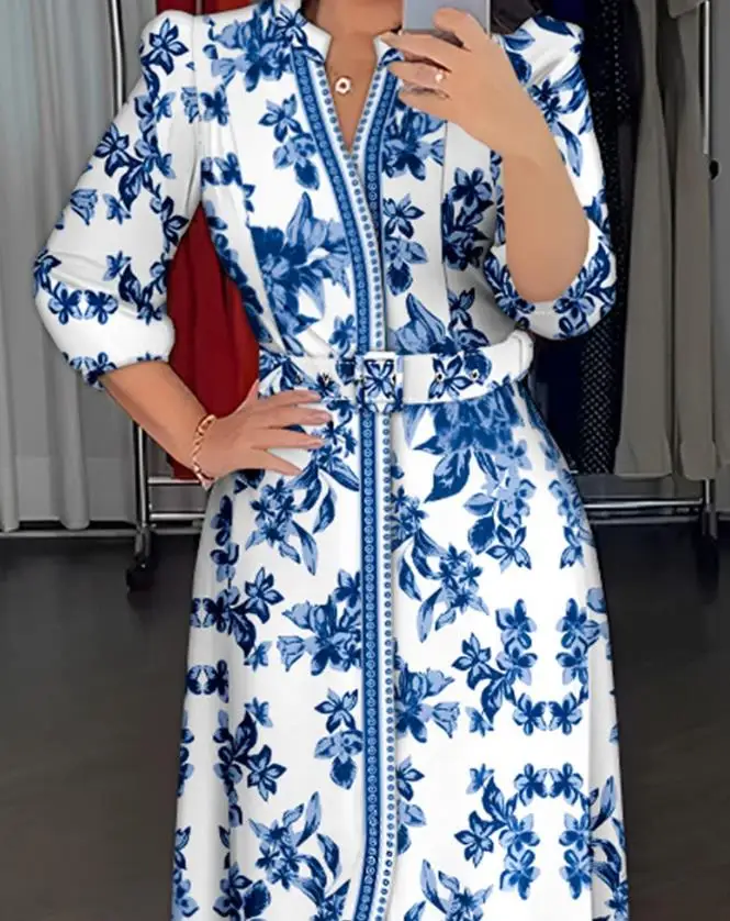 ฤดูร้อนชุดผู้หญิง 2025 Vintageพิมพ์ลายดอกไม้Vคอครึ่งแขนแยกA-Lineเสื้อชุดวันหยุดMidiชุดผู้หญิง