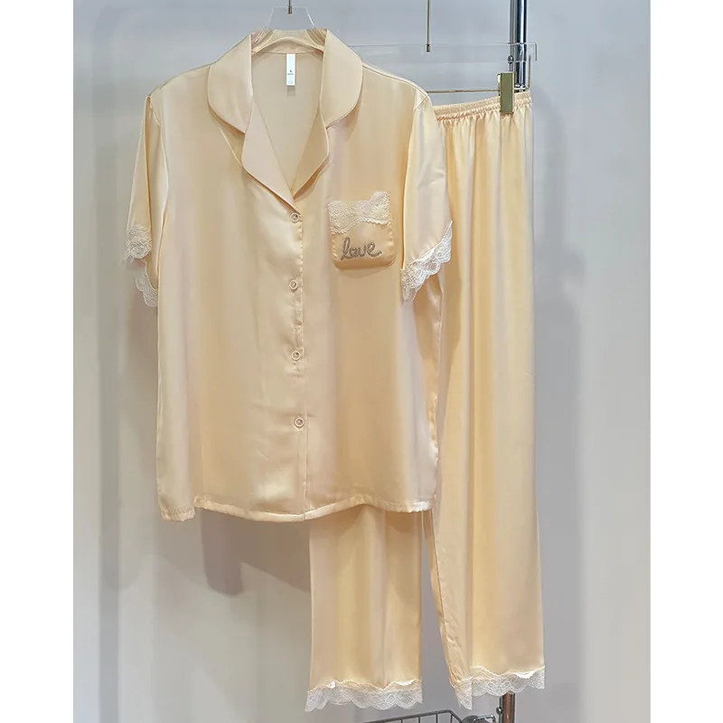 Summer High-End Long Short-Sleeved Trousers Double Lace Ice Silk Pajamas Women's Home Service Suit Two-Piece Suit