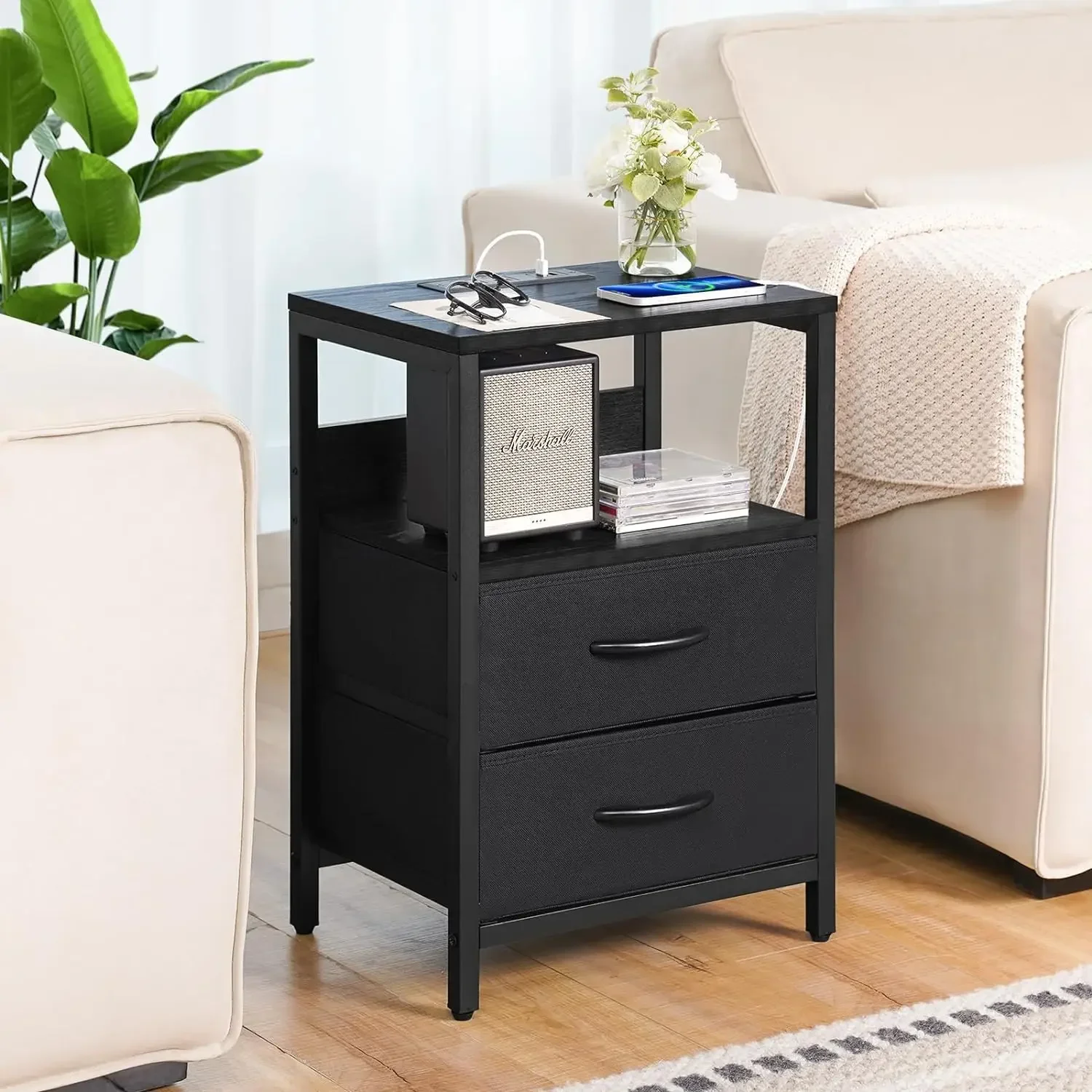 

Nightstand with Charging Station, Small Night Stand with Fabric Drawers and Storage Shelf for Bedrooms,Bedside Table