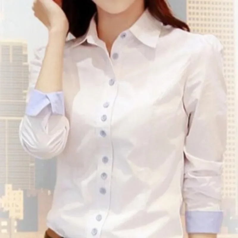 Spring and Autumn Women's Solid Color POLO Collar Loose Fit Button Panel Long Sleeve Bottom Shirt Fashion Elegant Casual Tops