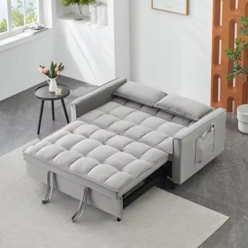 Modern velvet three-in-one convertible sofa bed with pillows and side pockets, suitable for living room apartments, can be used