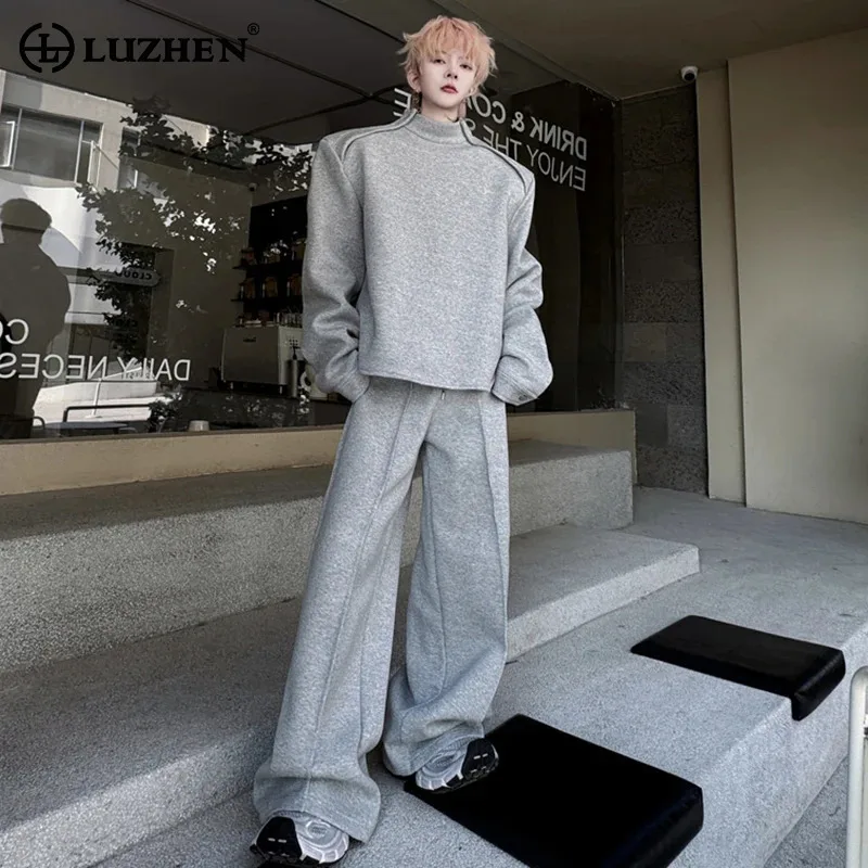 LUZHEN Wear Solid Color Shoulder Pad Design Sweatshirt Street Men 2025 Spring Baggy Straight Casual Pants Two-piece Sets JY5499