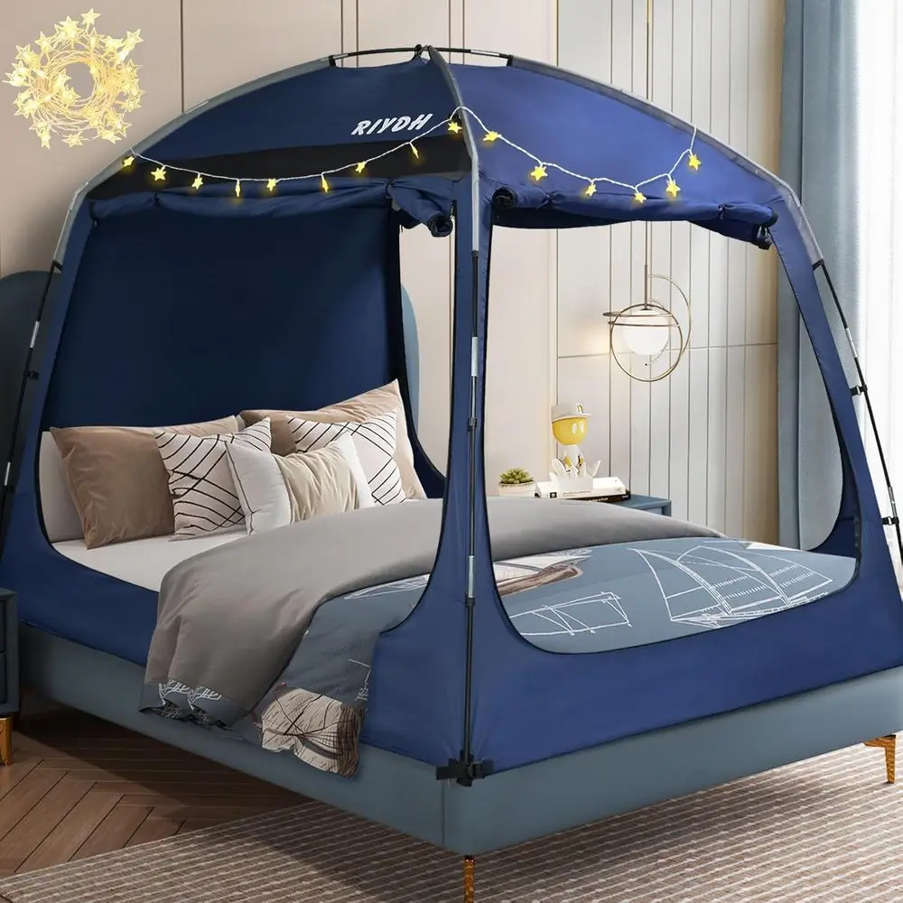 Bed Tent Breathable 100% for Adults and Kids - Original Design Light Reduction 93% Indoor Portable Big Space with String Light,