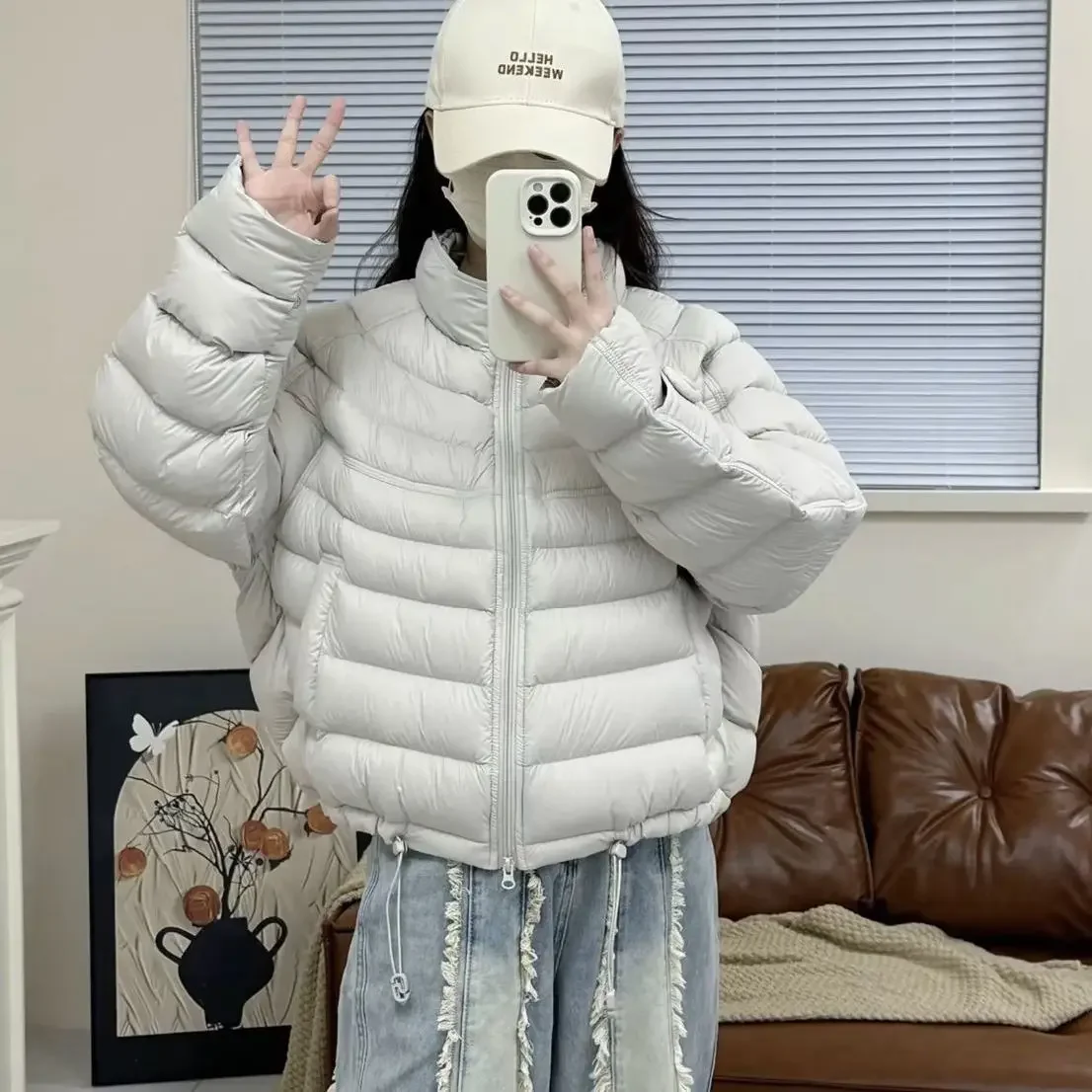 Dames casual stijl witte eendenveren bovenkleding voor de herfst lichtgewicht losse pasvorm opstaande kraag korte eend donsjack