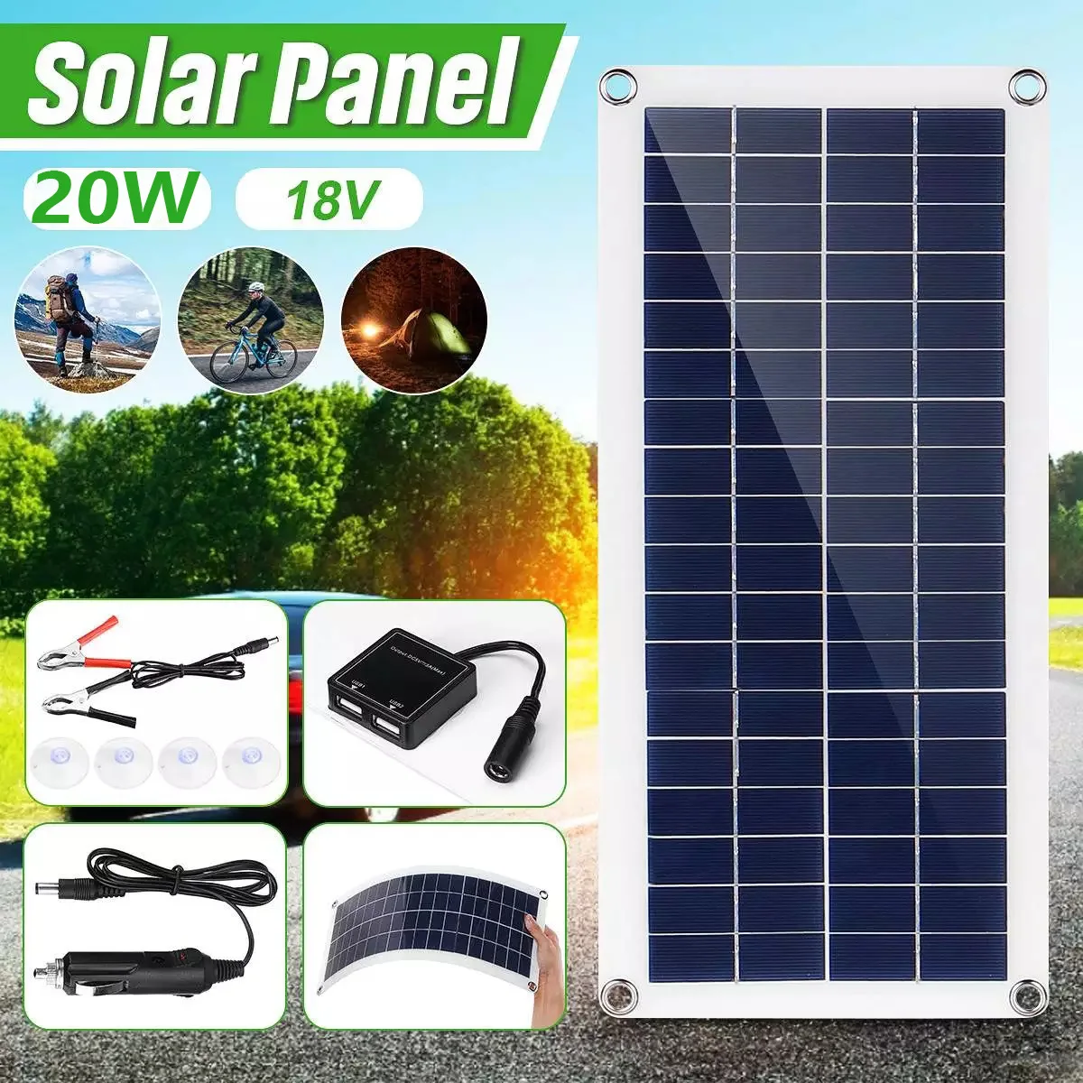 Solar Panel 20W USB 5V DC 18V Photovoltaic Panel Outdoor PV Cells Mobile Phone Yacht Camping Carrying Solar Charging Plate