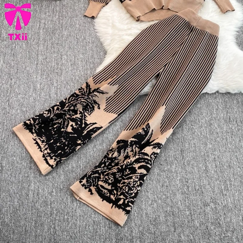 Autumn and Winter New Artistic Atmosphere Knitted Printed Set Women\'s Round Neck Top+High Waist Wide Leg Pants Two Piece Set