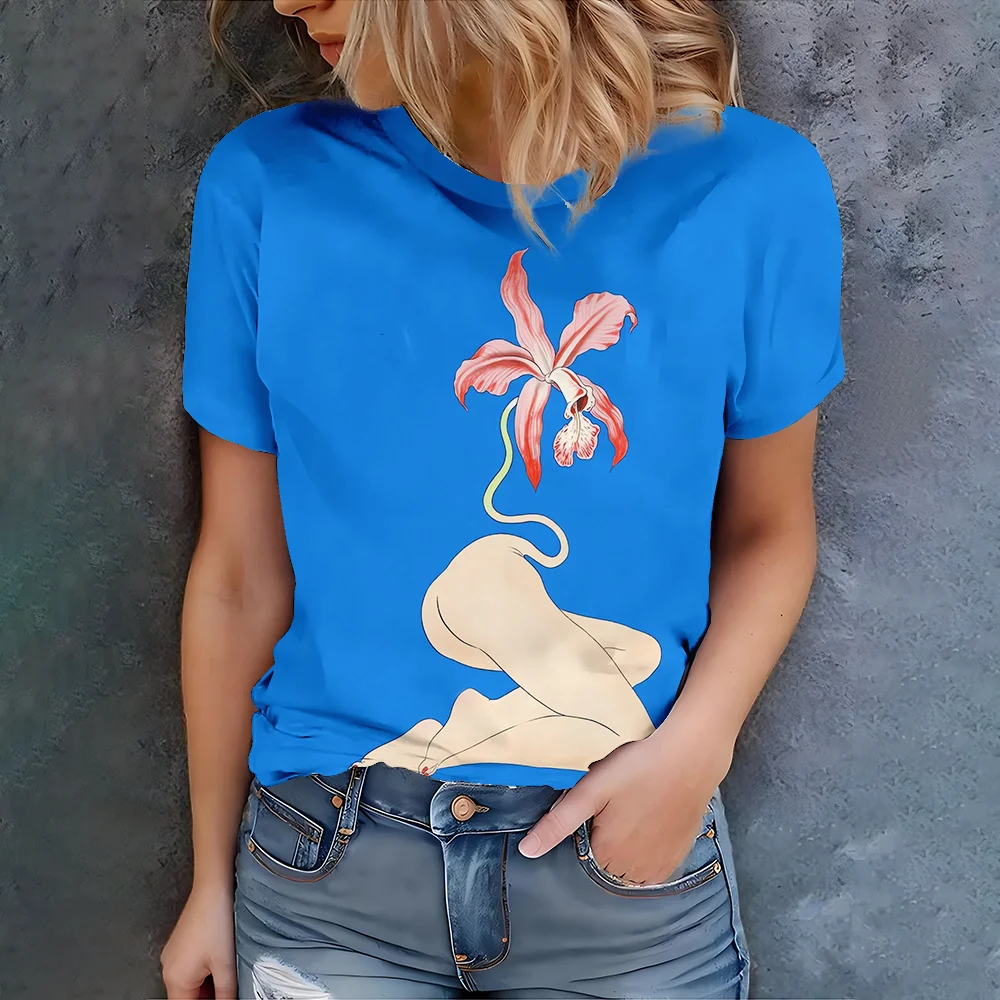 

Women's Blue T-Shirt With Abstract Flower Art Print, Casual Summer Style Round Neck Short Sleeve Top For Daily Wear