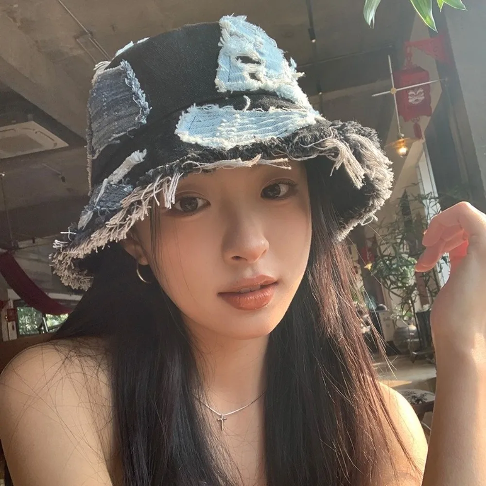 

Niche Japanese Denim Bucket Hat Beggar Style Patched Retro Fisherman Hat Bule Splicing Sun Protection Basin Cap Women