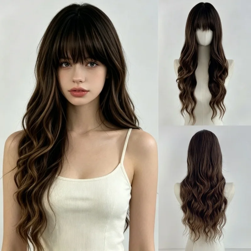 Fashionable Air Bangs Long Curly Hair Women'S Wig Outdoor Travel Party Matte Silk Simulation Synthetic Wig Headgear