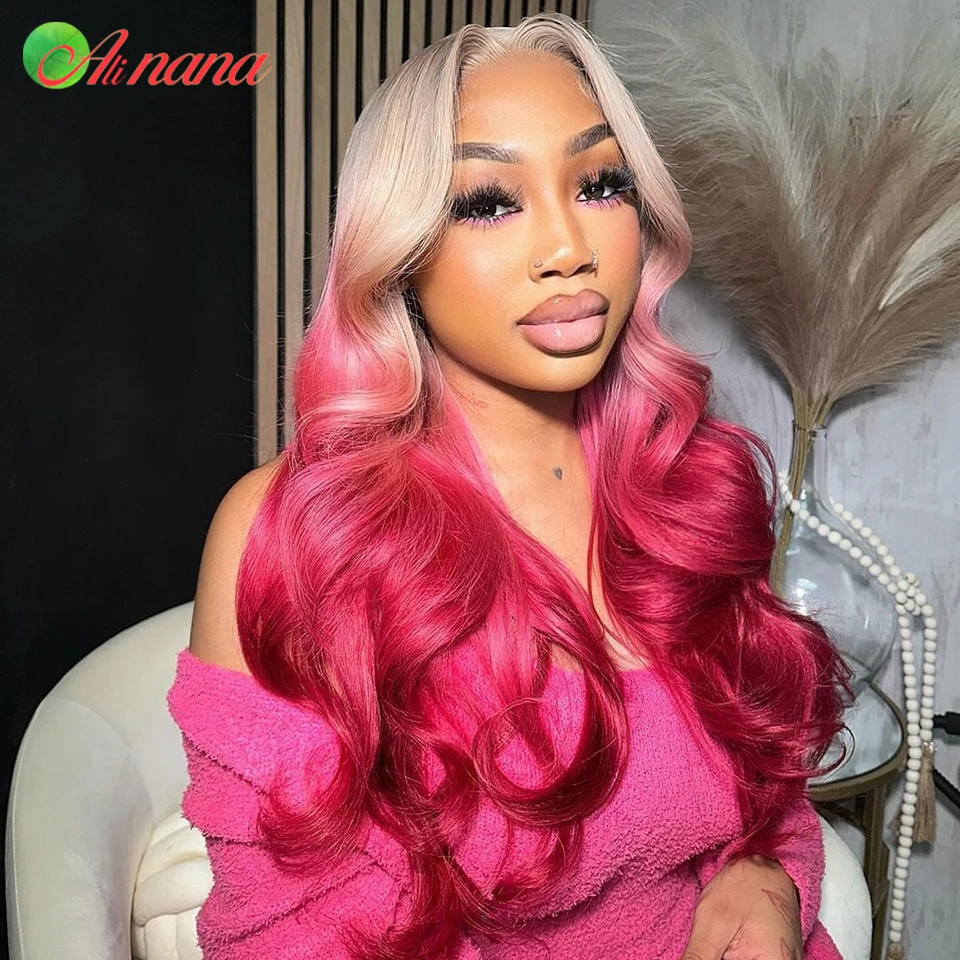 

Ombre Rose Pink Colored 13x6 Lace Frontal Wig Human Hair Wigs For Women 613 Blonde Rose Hot Pink Pre-Plucked 13x4 Body Wave Wig