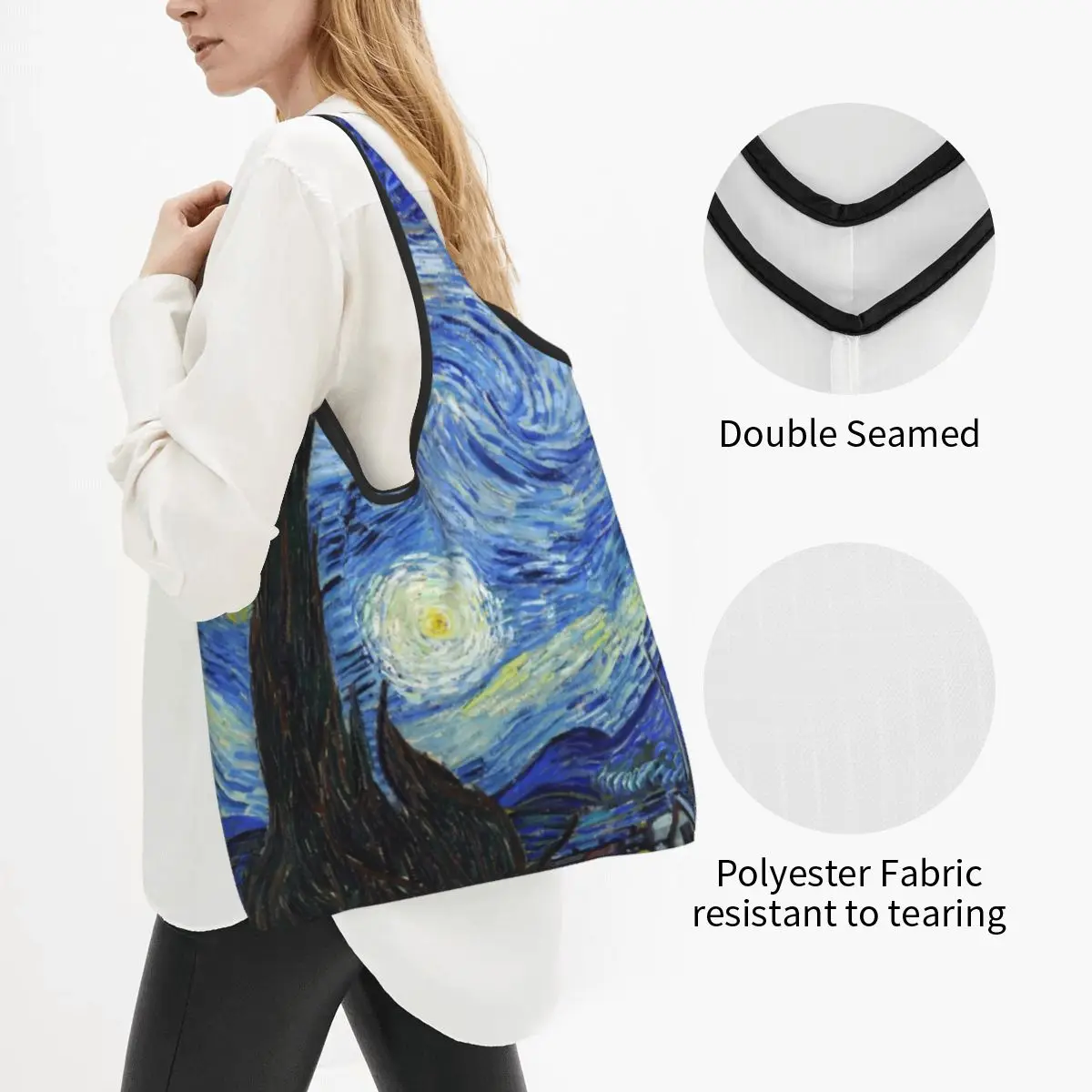 Reusable Vincent Van Gogh Starry Night Grocery Bag Foldable oil Painting Shopping Bag Large Eco Storage Bag Attached Pouch