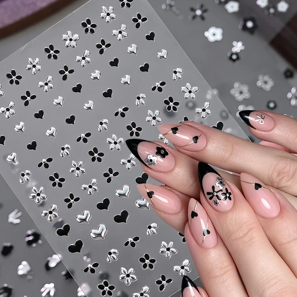 1Pcs Silver Black Flower Heart Nail Art Sticker 3D Exquisite Mini Five-petaled Flower Love Nail Decal DIY Self-adhesive Nail Dec
