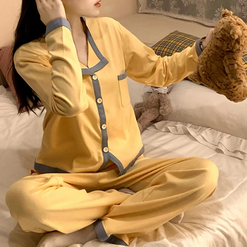 

Pajama Sets Women Autumn New Simple Pockets Home Wear Young Schoolgirls All-match Korean Style Fashion Soft Ins Students Casual