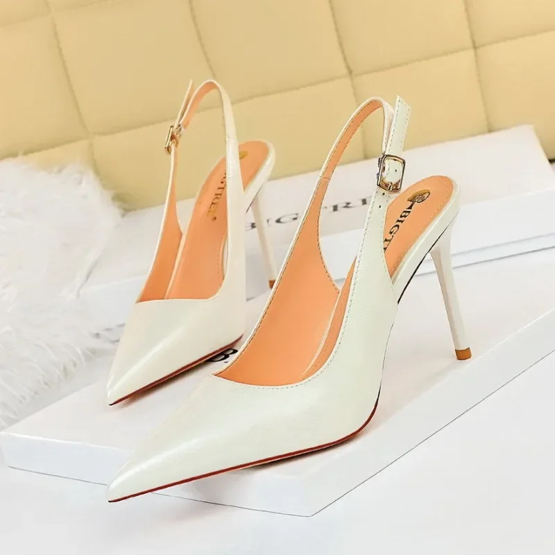 BIGTREE Women European and American Pumps Pointed Toe Solid Patent Leather 9.5CM Thin Heels Back Strap Dress Fashion Woman Shoes