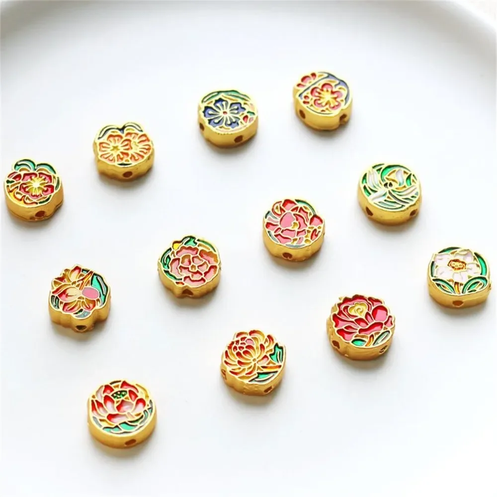 

Матовые золотые капли масляного цветка, круглые ретро плоские бусины, осенние хризантемы, крест через отверстие, ювелирные изделия ручной работы, свободные бусины