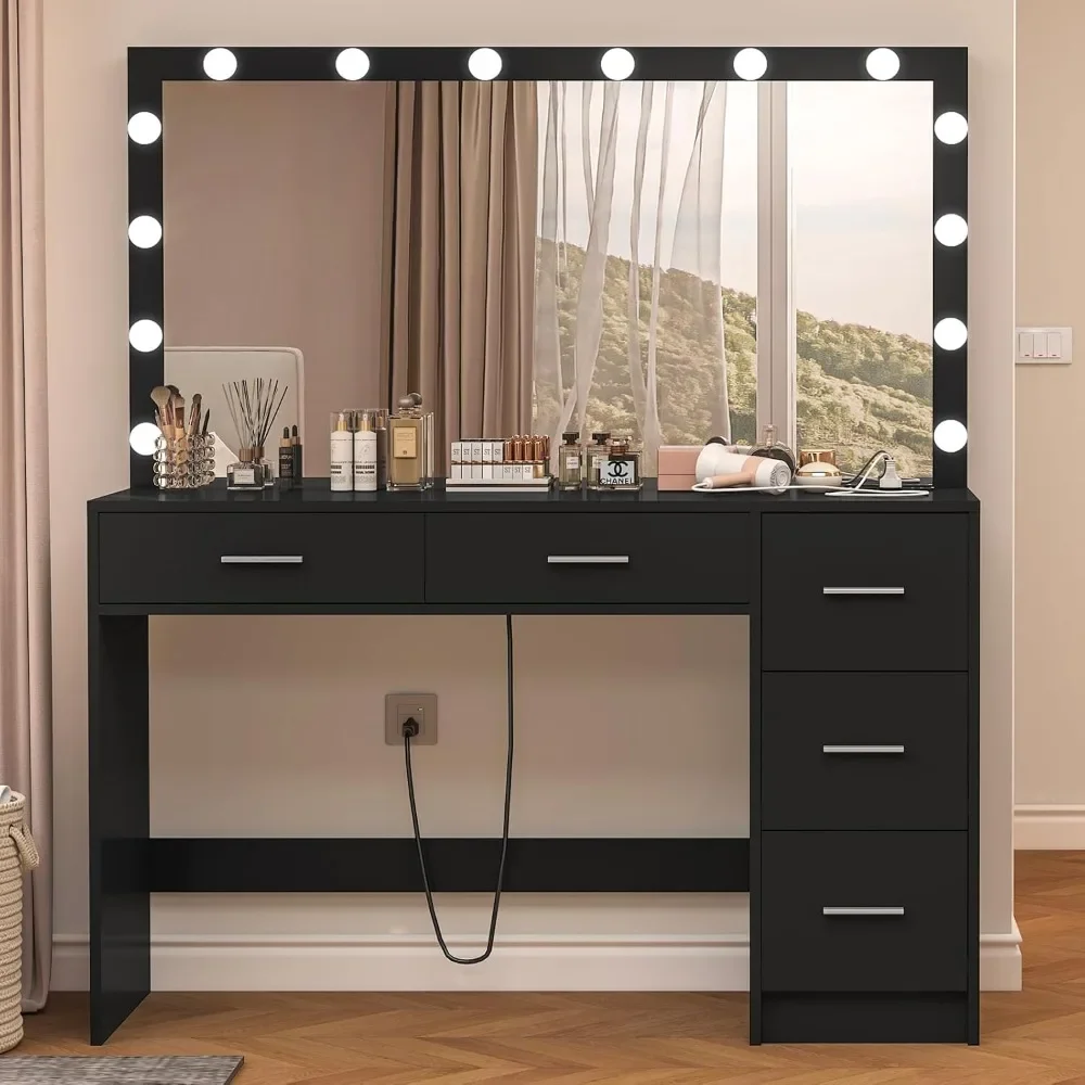 

47.2" Large Vanity Desk with Lighted Mirror, 14 Lights, Makeup Vanity Table with 5 Large Drawers & Charging Station,