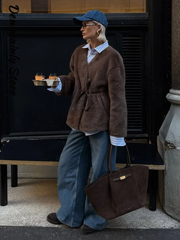 

Fashion Brown Lace Up Fur Coat Women Furry V-neck Full Sleeve Warm Solid Overcoat 2025 Autumn Winter Lady Elegant Streetwear