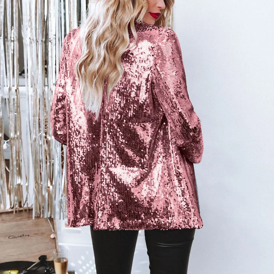 

2025 New Sequin Long Sleeve Lapel Temperament Fashion Versatile Top Personality Trendy Sequin Decoration Long Sleeve