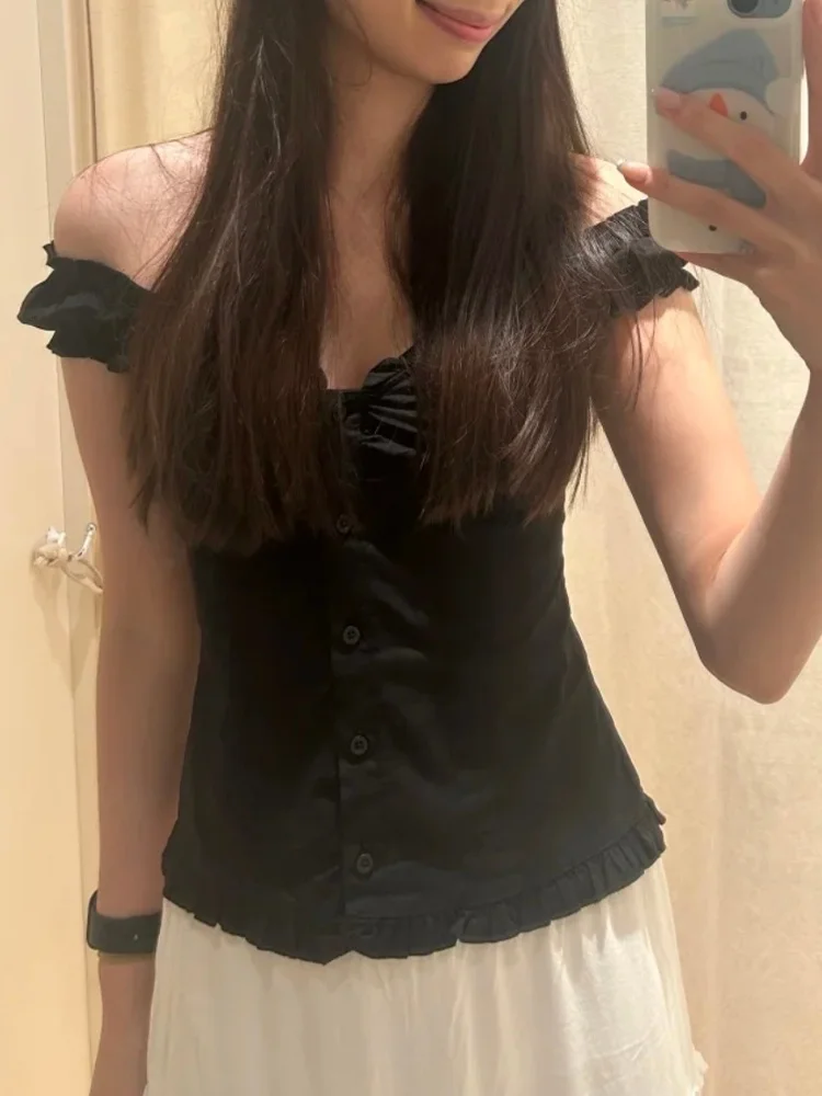 American Retro Ruffle V-ne Bubble Sve irt Afslankende Veelzijdige Dames Top Brandy Girl Sweet Sle ort Sve Button C...