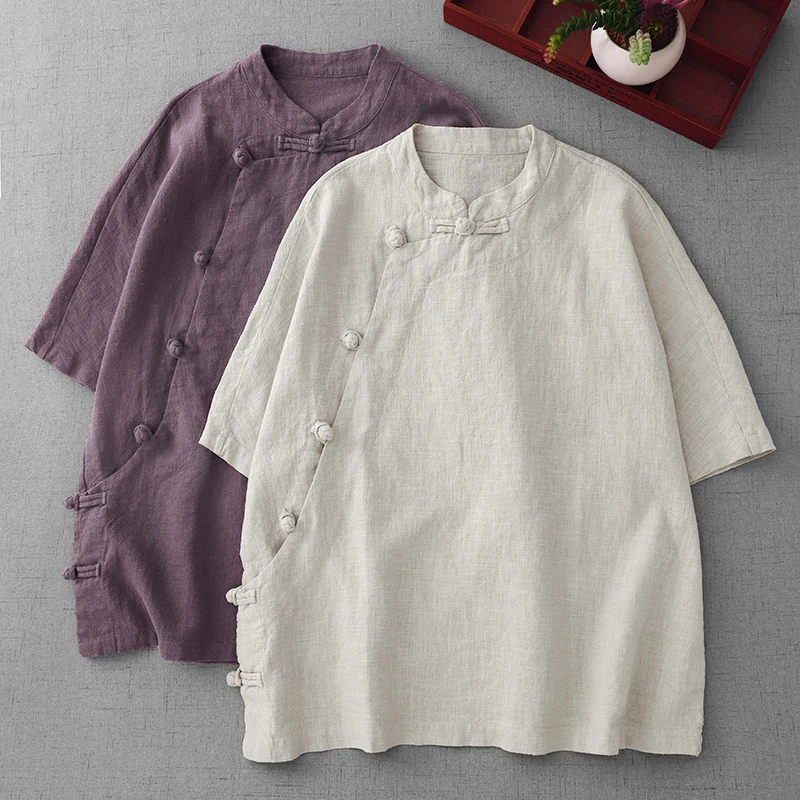 

Cotton Linen ort Sve irt Buddhist Sle Women's Zen Study Clothing Traditional Chinese Tea Costume New Summer Top Pure...