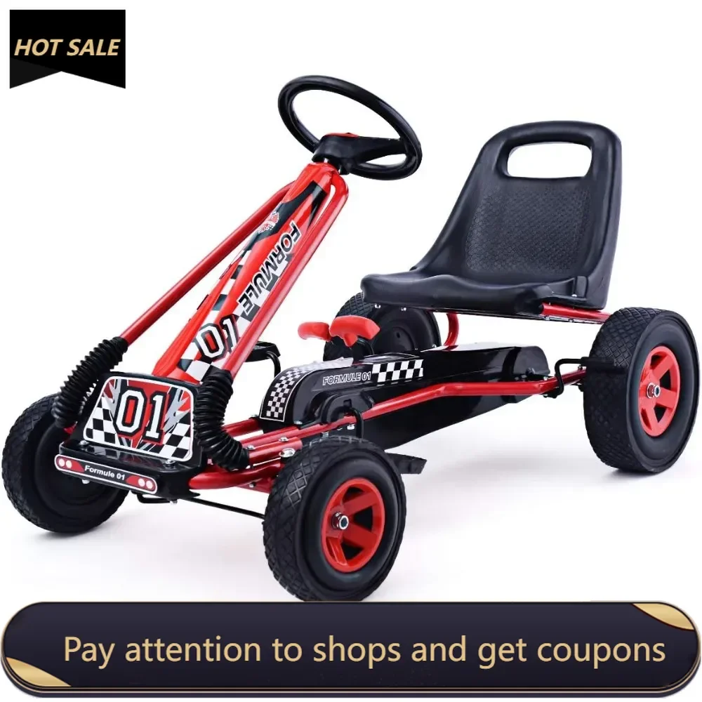 

Go Kart for Kids, 4 Wheel Off-Road Pedal Go Cart w/Adjustable Seat, Steering Wheel, 2 Safety Brakes, EVA Rubber Tires, (Red)