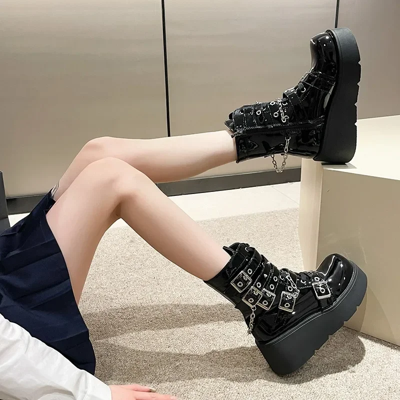 Fashion Big Size 40 Black Gothic Motorcycle Boots Zip High Heel Punk Rivets Chunky Platform Mid-Calf Women Boots Shoes Women