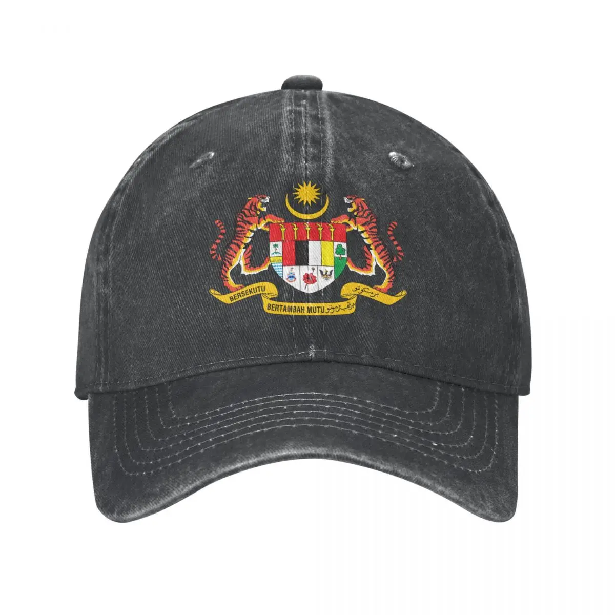 

Men Baseball Cap Malaysia Emblem Charcoal Washed Denim Classic Vintage Cotton Dad Trucker Hat Unisex Adult