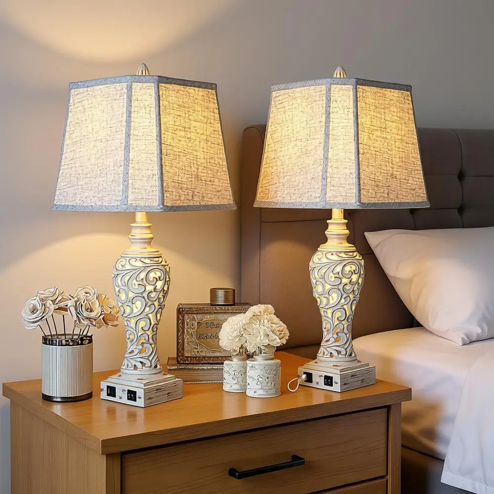 

28.5 Table Lamps Set of 2 - Bede Lamp with Fabric Shades for Bedroom and Living Room with USB and Nightlight - Perfector Nightst