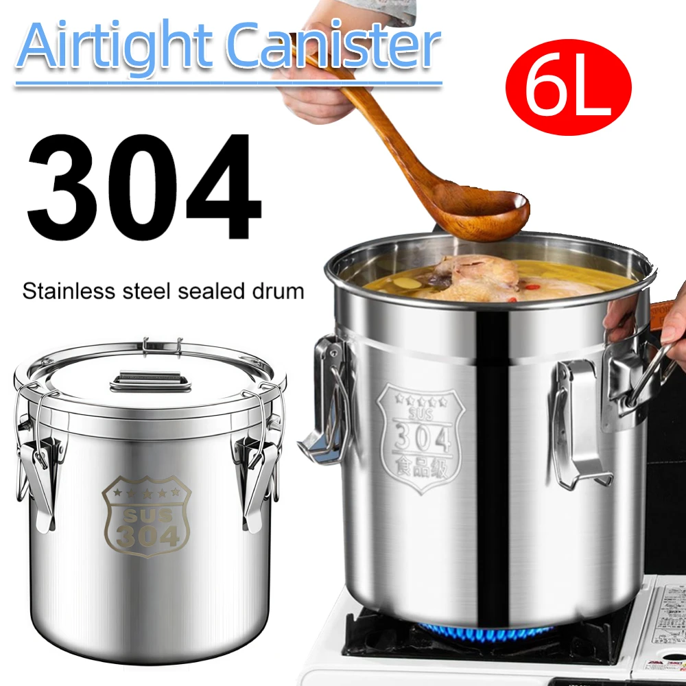 

6L 304 Stainless Steel Airtight Canister with Seal Lid Food Oil Sugar Milk Storage Bucket with Handles for Kitchen Restaurants