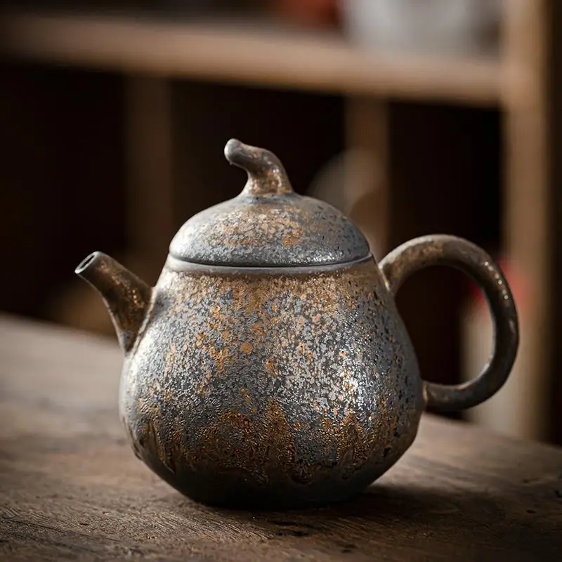 Coarse Ceramic Teapot with Gilded Gold Screen Tea Maker, Single Pot Household Tea Set, Handmade Retro Ceramic Teapot