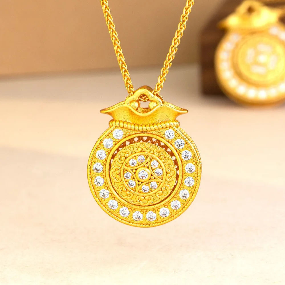 Drawing point drill Mifu bag necklace women retro style hollow money bag 9999gold