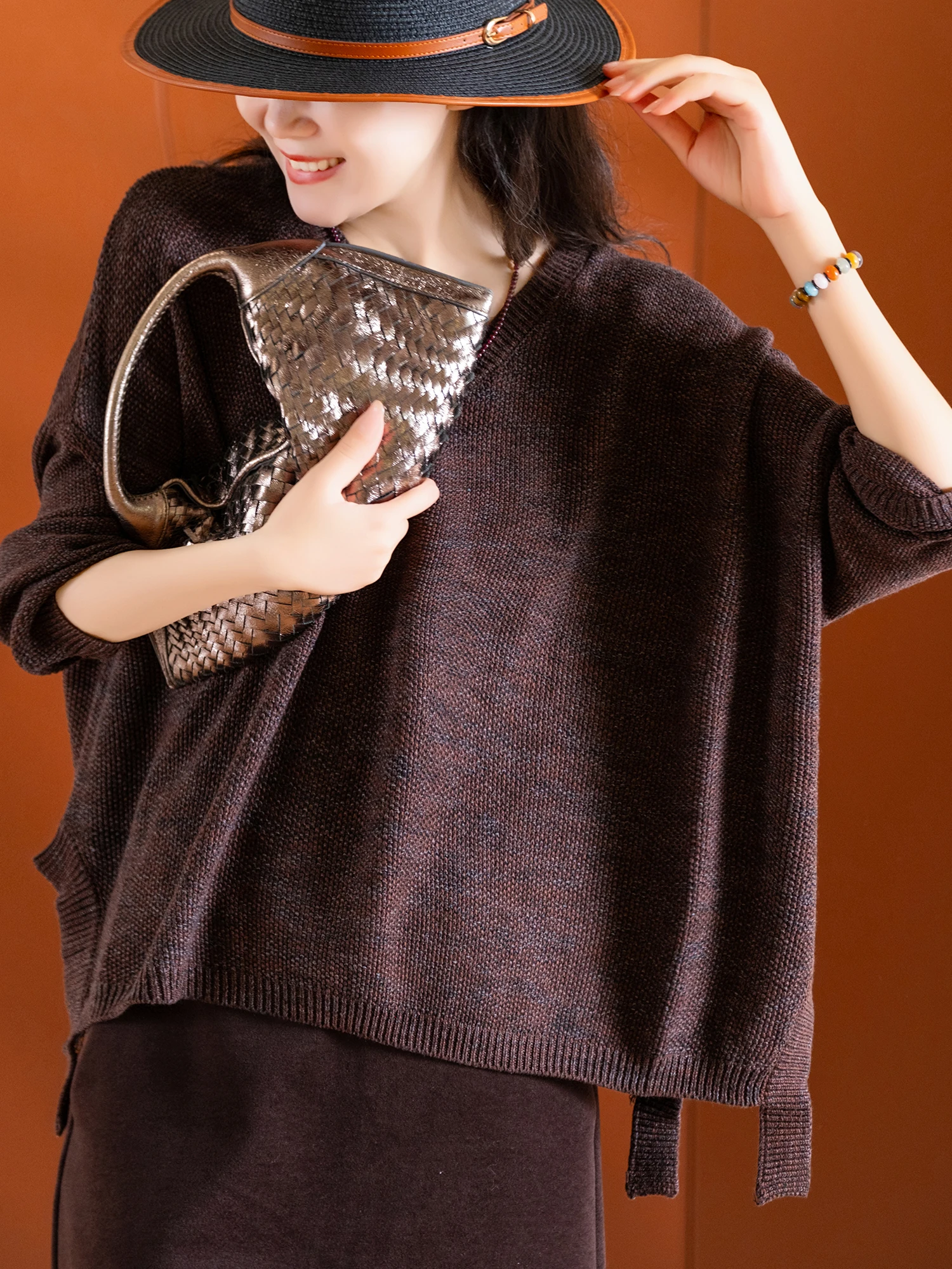 

Повседневный свободный свитер с V-образным вырезом из чистого хлопка с цветочным узором и асимметричным краем, женская вязаная одежда, теплая, для осени и зимы, модная