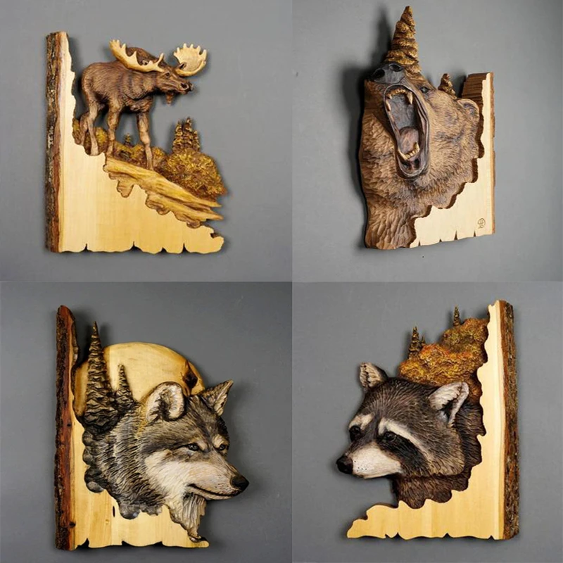 Animal Carving Handcraft Wall Hanging Sculpture Wooden Raccoon Bear Deer Fox Wolf Hand Drawn Decoration Home Living Room Gift