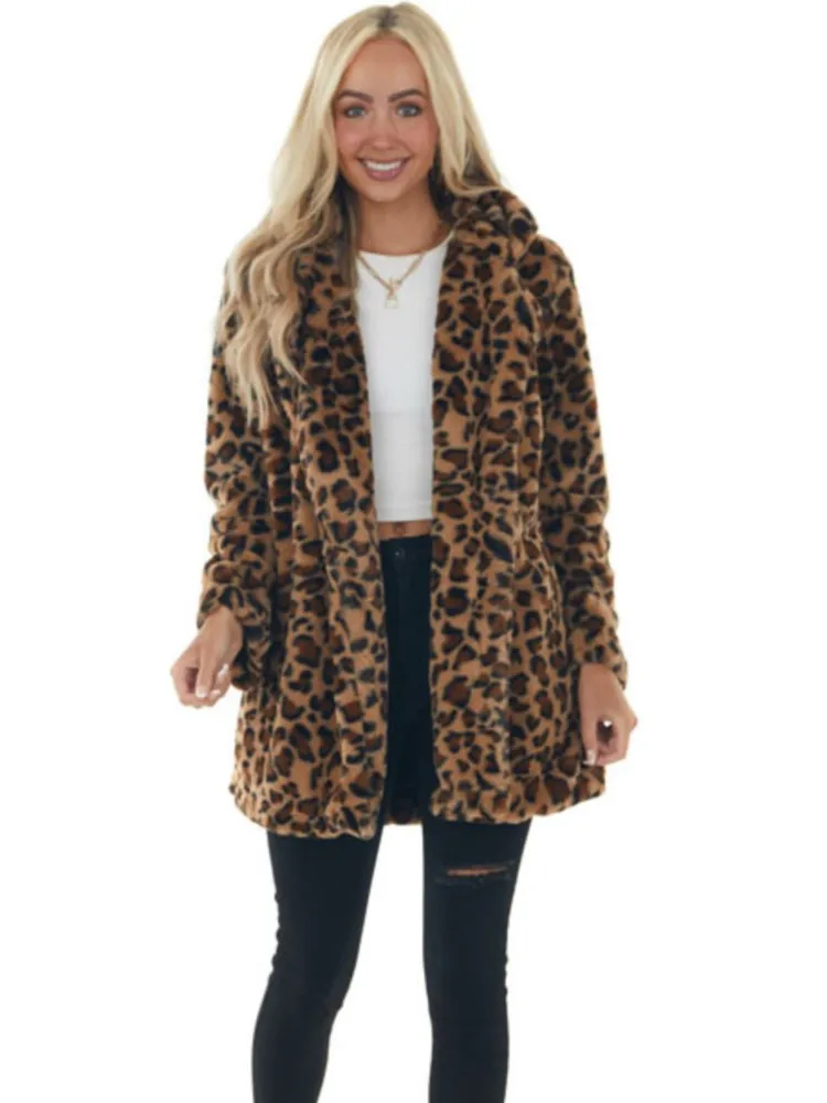 Fashion Lapel Long Sleeve Mid-length Rabbit Fur Coat For Women Autumn Winter Simple Casual Pocket Loose Leopard Coats Female