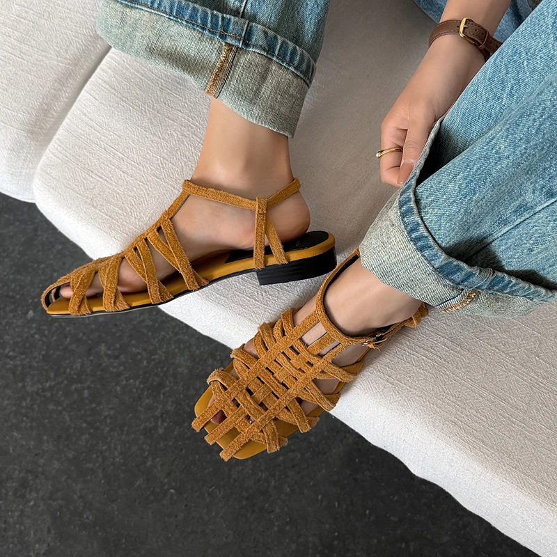 

French Style Weaving Hollow Out One-strap Women Sandals Narrow Band Square Toe Low Heel Pumps Ladies Summer Beach Casual Shoes