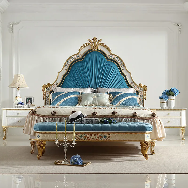 

#French Shell Floral Luxury Solid Wood European Style Double/ King Bed Wedding Villa Bedroom Set Fabric