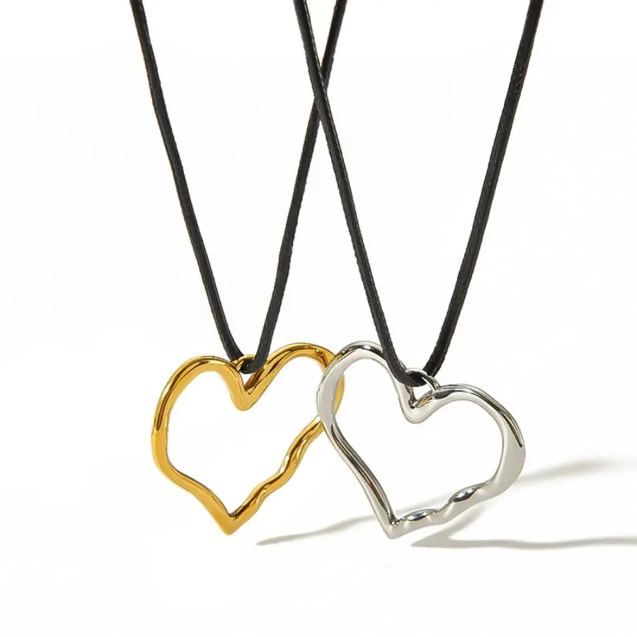قلادة على شكل قلب هندسي مطلي بالذهب عيار 18 قيراط مع تصميم مجوف من الفولاذ المقاوم للصدأ سلسلة حبل شمع طويلة إبداعية #4