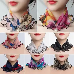 Frauen Rüschen Spitze Schal Perle Anhänger Chiffon Schals glänzendes Kopftuch dünne hohe Elastizität Hals wickel Organza Hals Kragen Schal