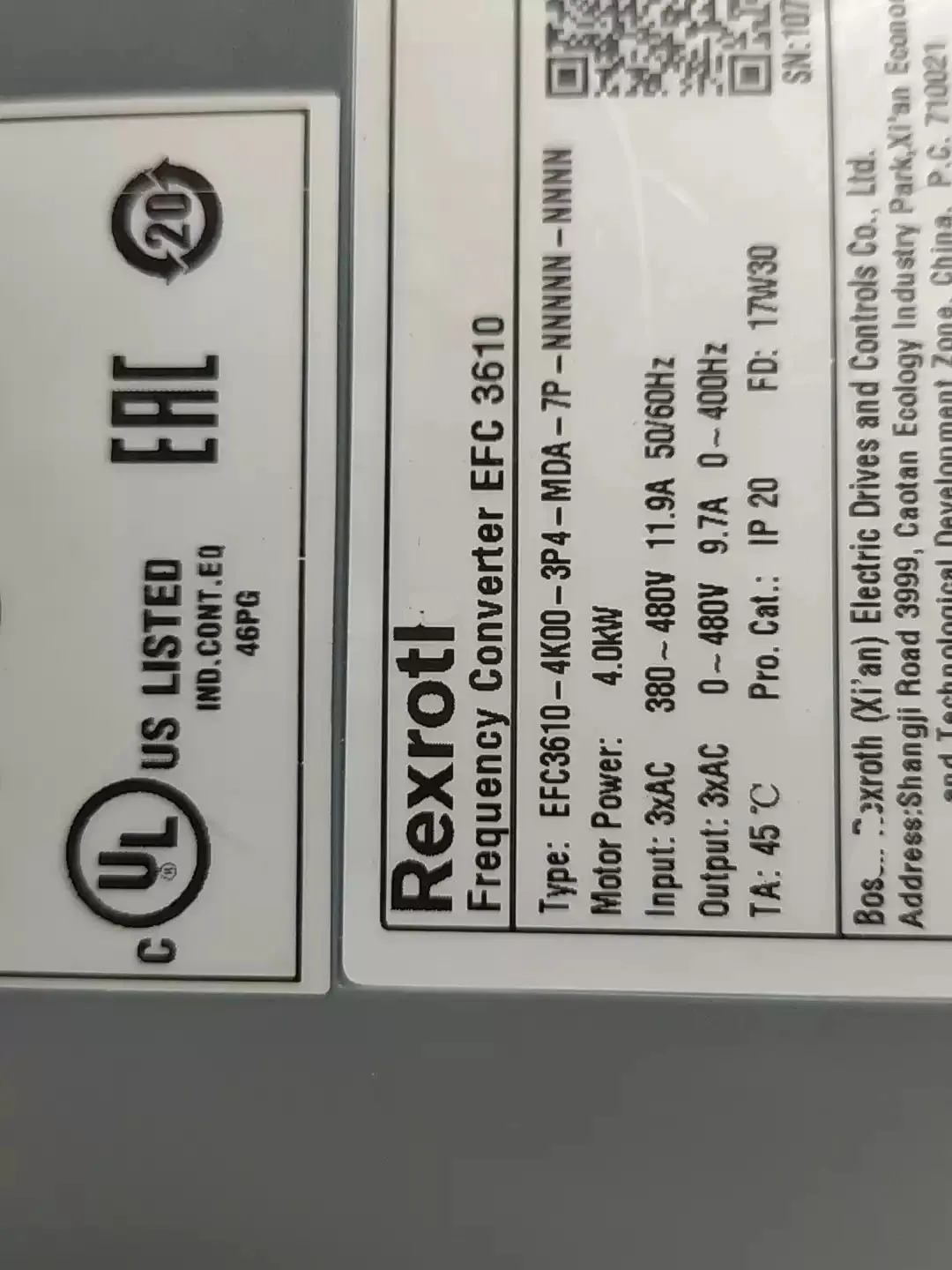 EFC3610-4K00-3P4-MDA-7P-NNNNN-NNNN 0.75KW Frequency Converter for Rexroth