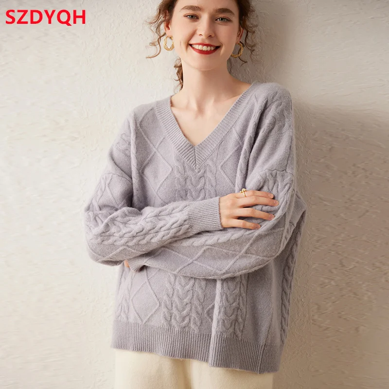 2023 Winter New 100% Cashmere Sweater V-neck Solid Color Women\'s Thicken Warm Pullover Female Loose Large Size Knitted Jumper