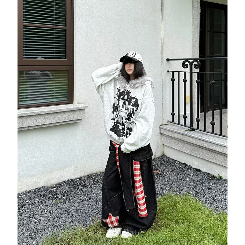 Czarne gotyckie jeansy baggy damskie w stylu japońskim Y2K z lat 2000, emo, szerokie nogawki, spodnie dżinsowe Harajuku vintage oversize, spodnie jeansowe 2025
