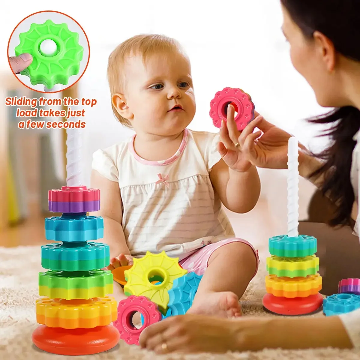 Kids Stacking Toys Spinning Rainbow Gears Toddler Montessori Educational Sensory Toys Circles Stacking Rainbow Wheel Ring