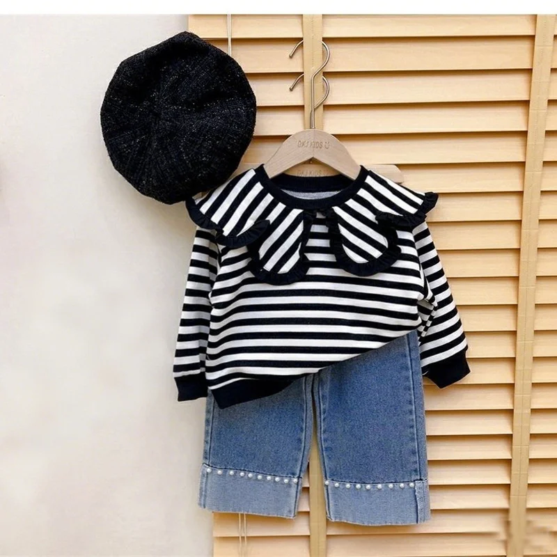 Girls Striped Clothing Sets Spring Autumn Kids Doll Collar Top Sweater+ Beaded Jeans 2Pcs Children Fashion Long Sleeve Outfits