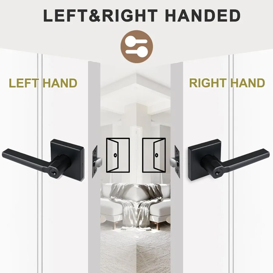 مقبض باب داخلي مربع عالي التحمل مع قفل للباب الأمامي ودخول المكتب، تصميم ذو وجهين باللون الأسود غير اللامع لليمين