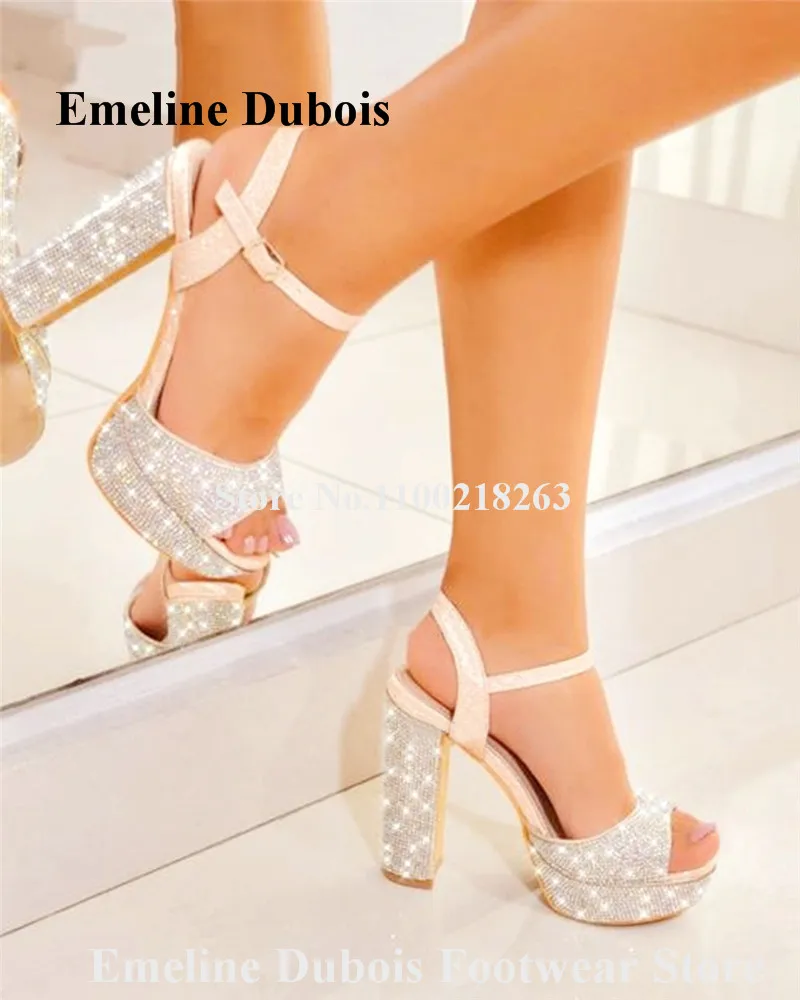 

Bling Bling Rhinestones Chunky Heel Sandals Emeline Dubois Peep Toe Beige Silver Crystals High Platform Wedding Heels BIg Size