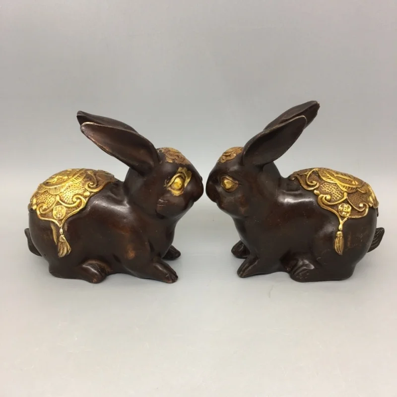 

Bronze Antique Collectibles Fortune Rabbit Pair Figurines Creative Handicrafts Home Decoration Gift Display