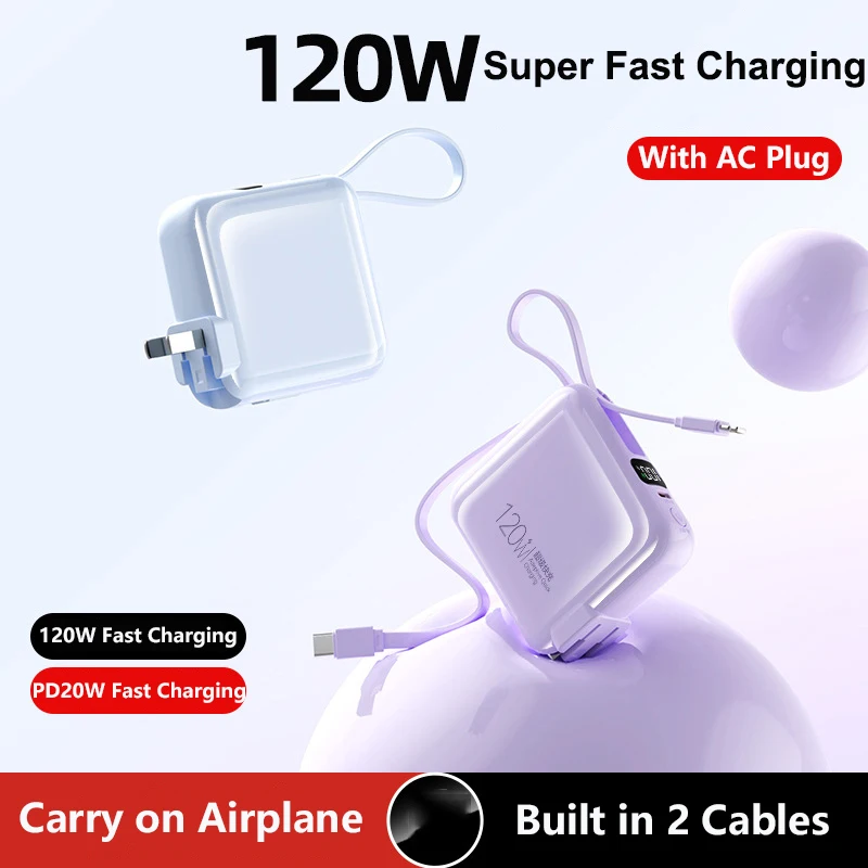 

20000mAh Mini Power Bank with Cable AC Plug Wall Charger 120W Fast Charging Portable Charger for iPhone 16 Samsung Huawei Xiaomi