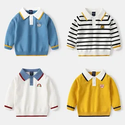 Autumn Toddler Boy Sweater Turn Down Collar Cartoon Embroidery Long Sleeve Baby Boy Pullover Loose Warm Striped Kid Boy Knitwear